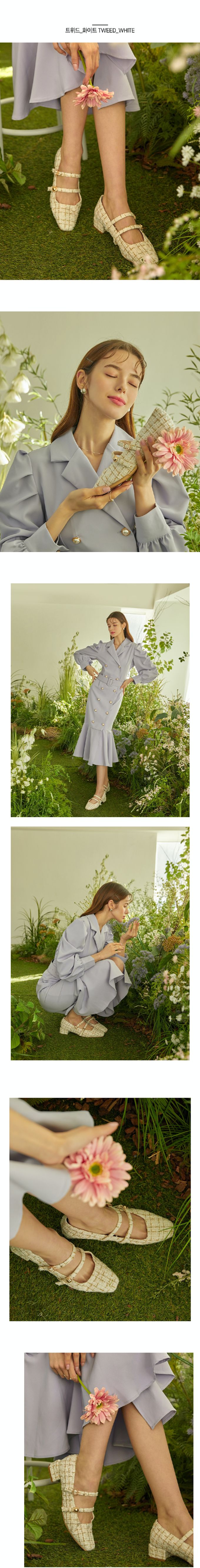 韓國 PINKELEPHANT - 鑲金釦方尖頭瑪莉珍皮鞋(3cm)-斜紋軟呢（白）