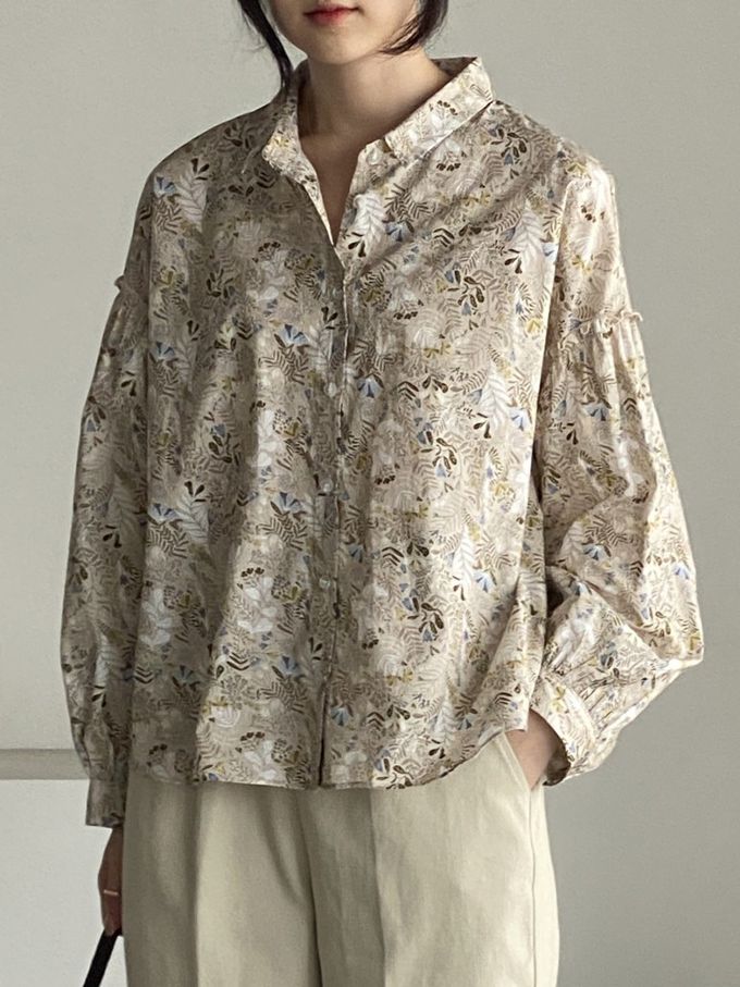 韓國女裝連線 - 花草圖樣翻領拼接長袖襯衫-卡其 (FREE)