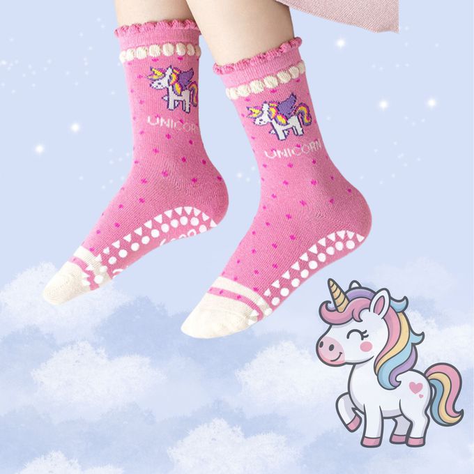 彩虹獨角獸防滑點膠中筒棉襪