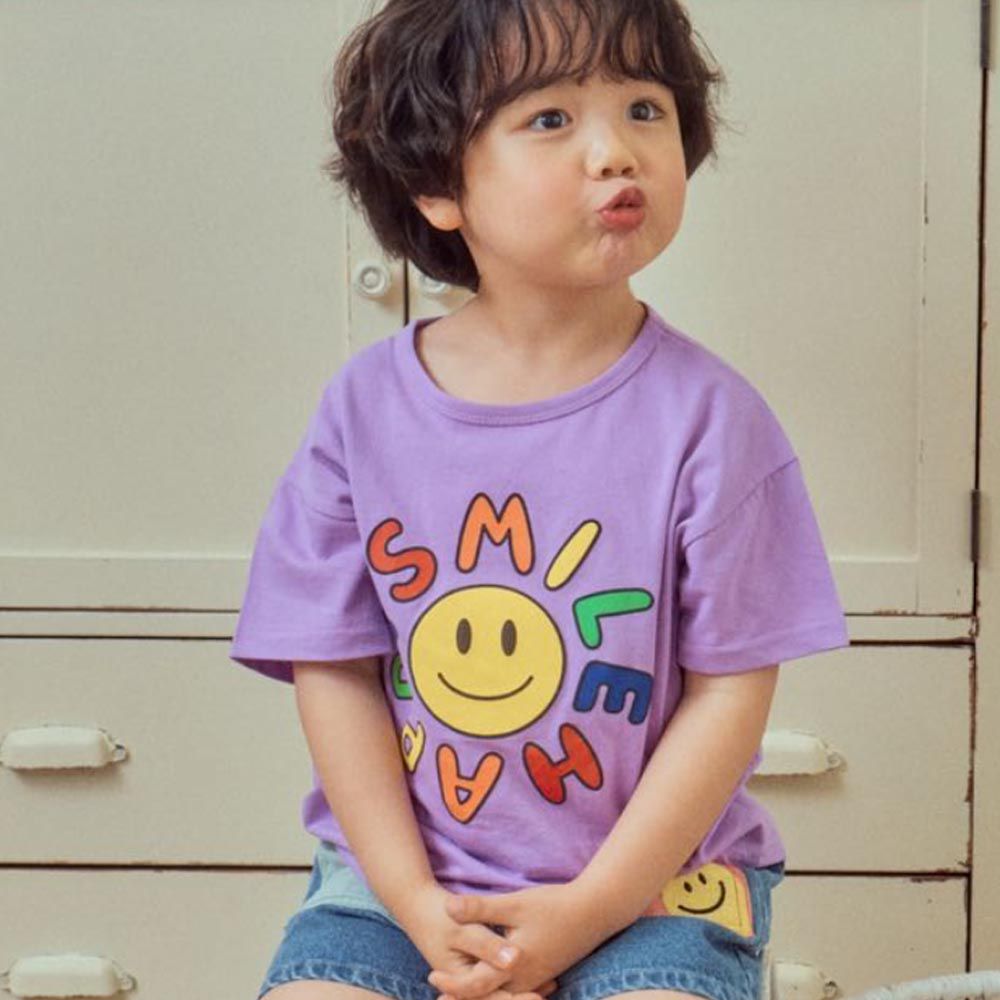 韓國 First Blue - 彩色笑臉印短袖上衣-紫