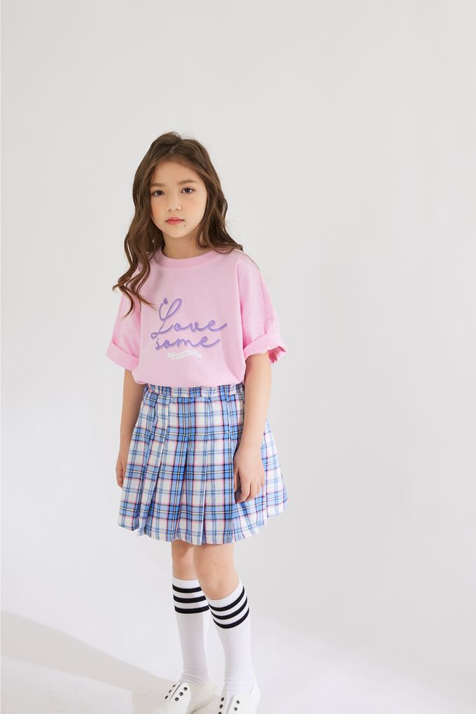 韓國 INDIVIDUEL - 鬆緊腰格子百摺短裙-藍X白