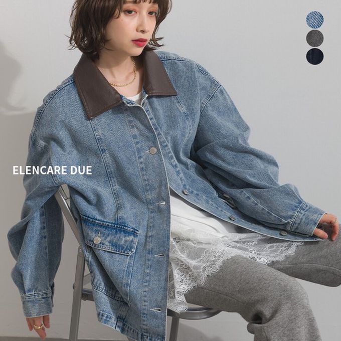 日本 ELENCARE DUE - 10oz優雅皮革領長版刷舊牛仔外套-刷色藍