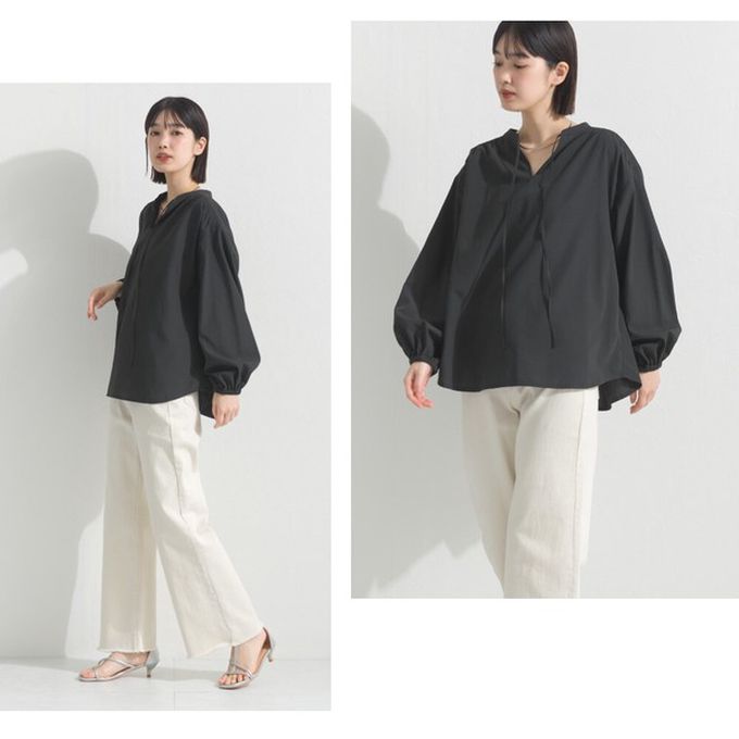 日本 OMNES - 柔滑科技棉 俐落感綁帶澎袖上衣-條紋-藍