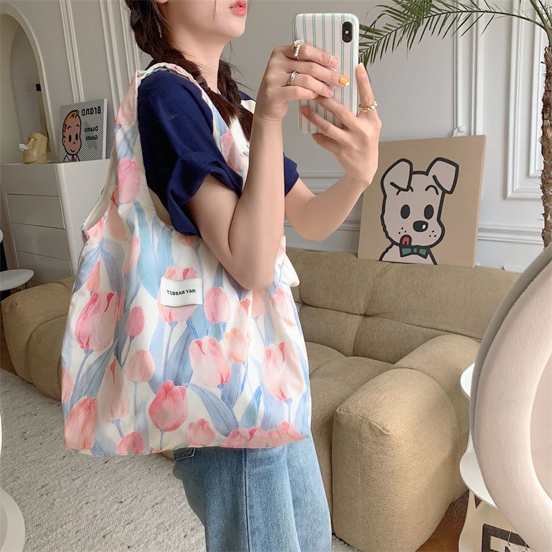 碎花休閒布袋/單肩包-牡丹花-粉色 (41x31+24cm)