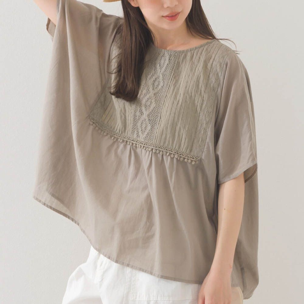 印度棉 細節感輕透皺褶大寬袖上衣-卡其