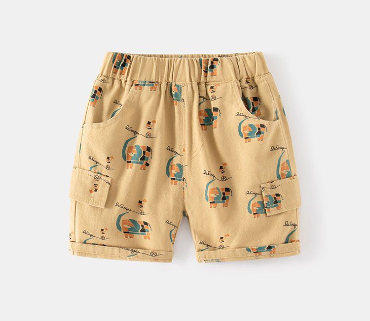 WELLKIDS - 腰鬆緊休閒五分褲-幾何大象-白色