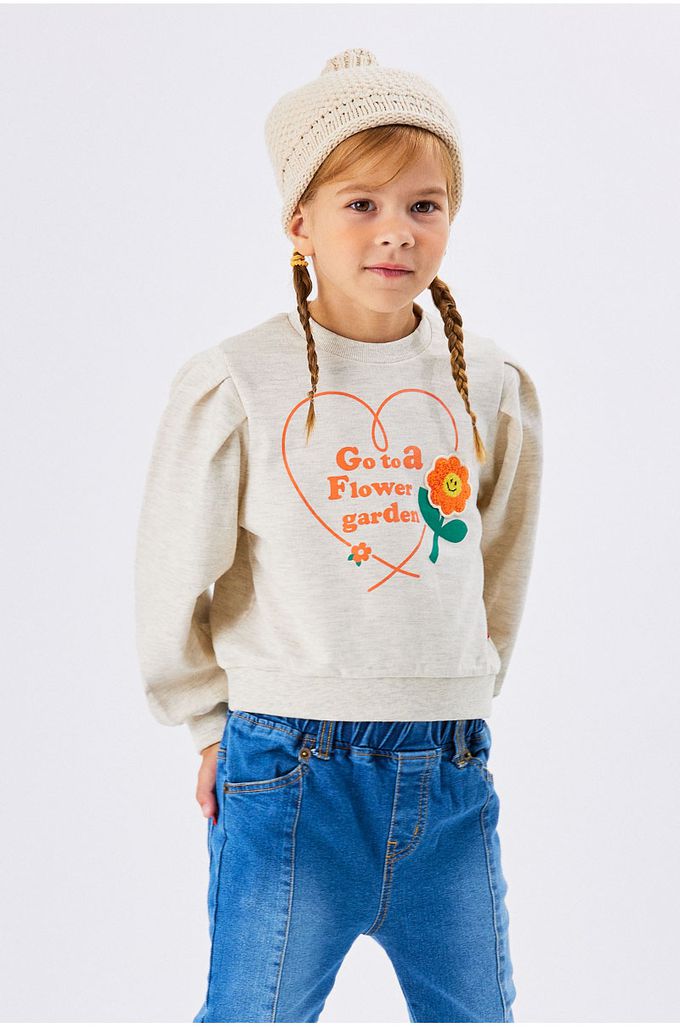 韓國 OZKIZ - 毛絨花點綴抓褶長袖大學T-燕麥灰