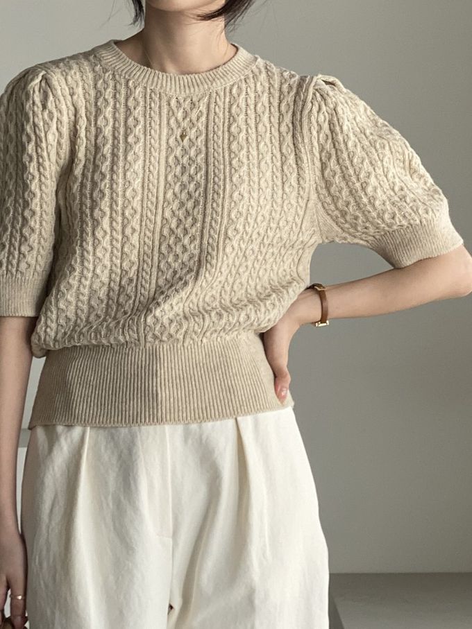 韓國女裝連線 - 麻花辮編織五分袖針織上衣-卡其 (FREE)