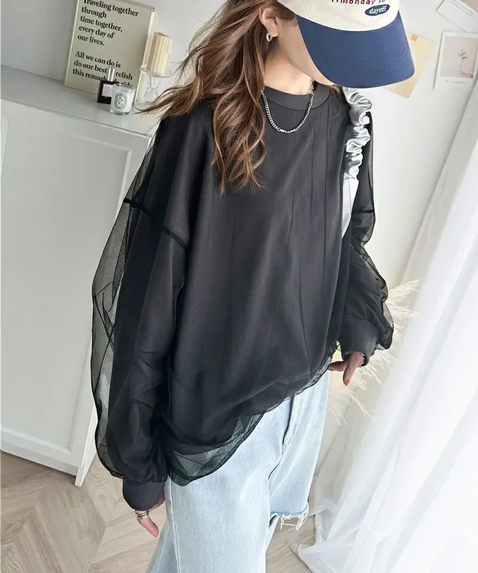 日本 Classical Elf - Java 透膚薄紗層次上衣-背後標籤印花-炭灰