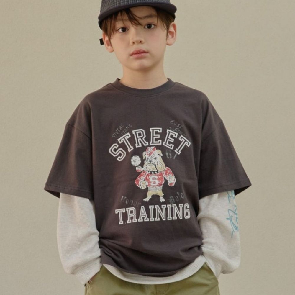 HIKIKI 街頭風鬥牛犬圖案短袖上衣-深灰