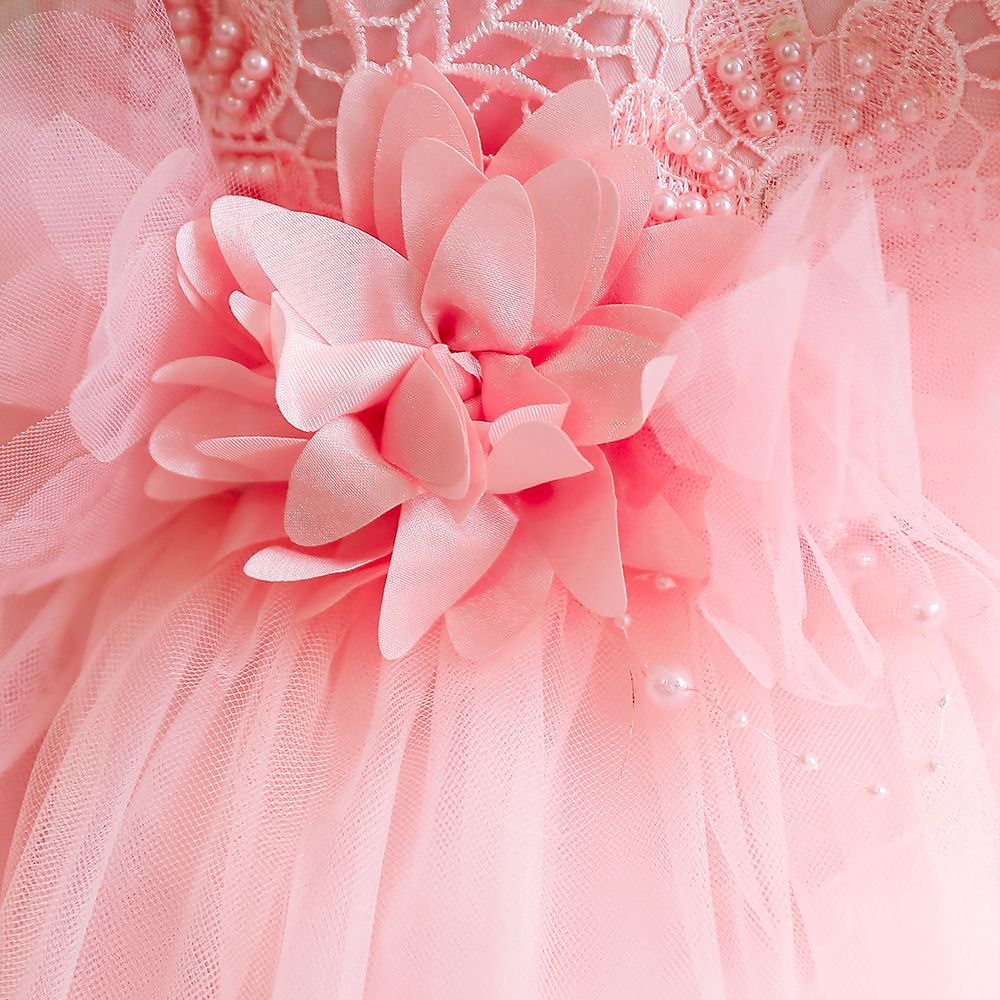 蕾絲網紗圓領無袖公主裙-立體花花-粉色