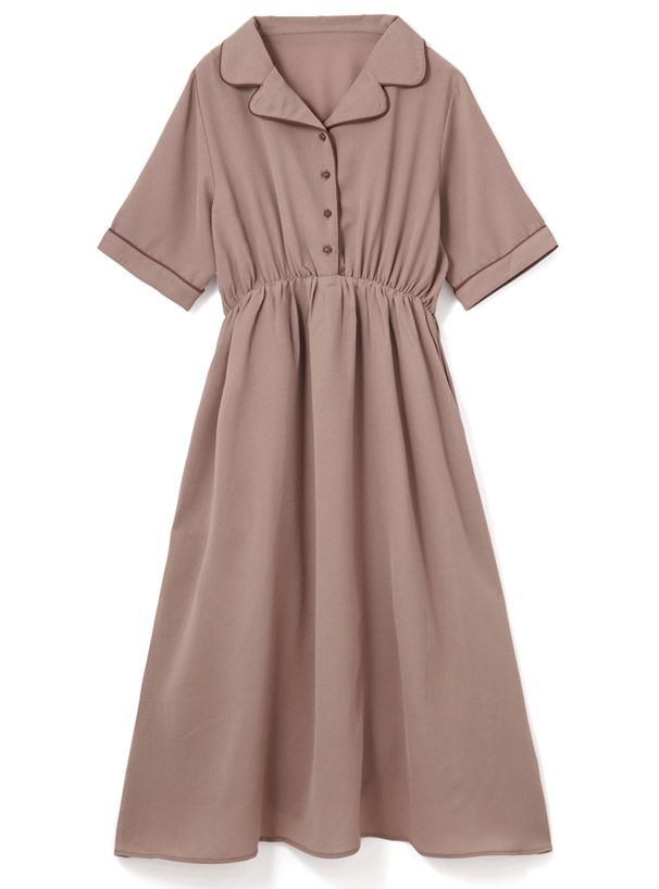 日本 GRL - 復古滾邊翻領收腰短袖洋裝-綠松石