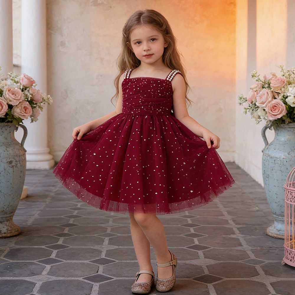 珍珠細肩帶星光亮片網紗禮服-紅色