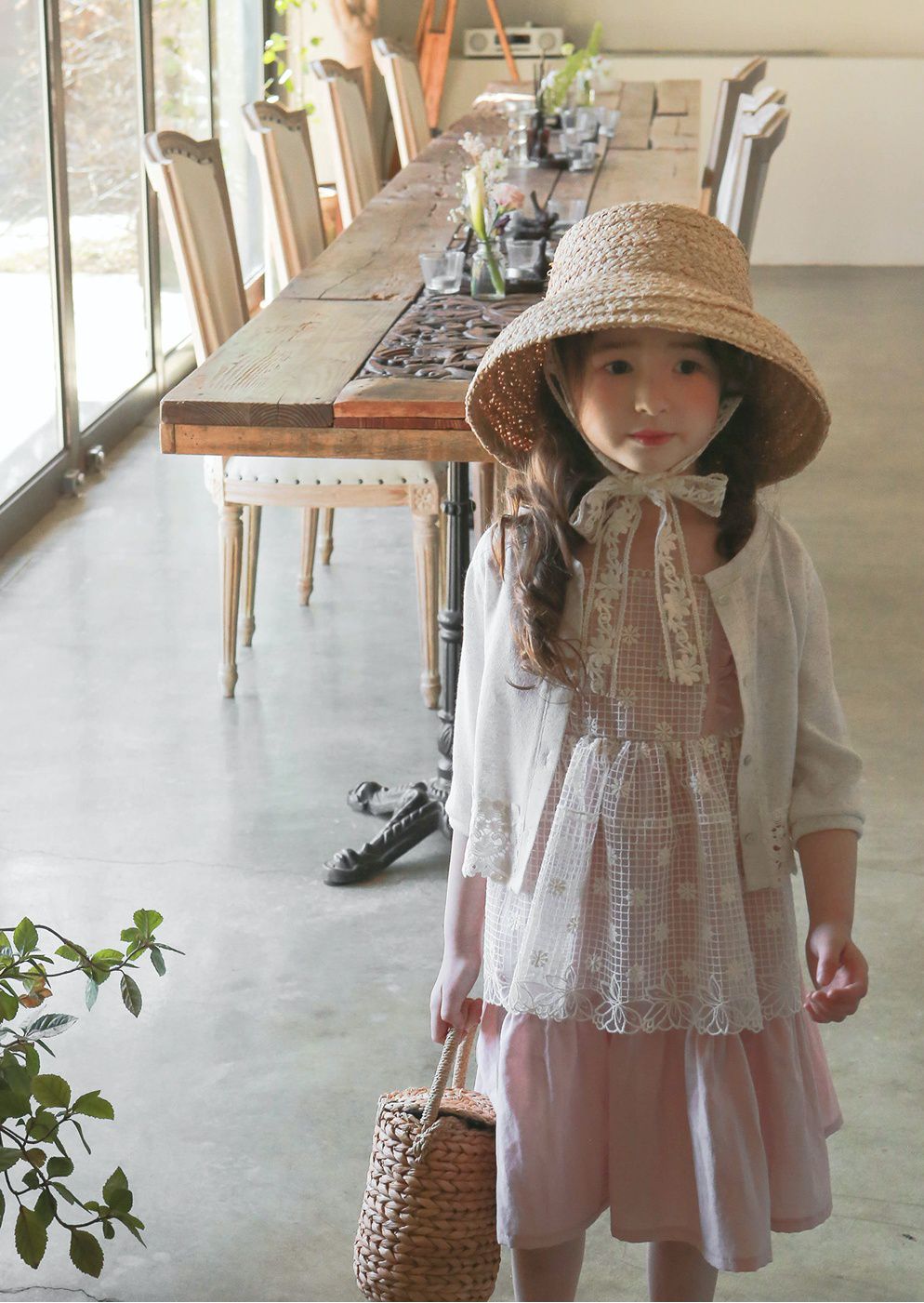 韓國 PuellaFLO - 假兩件格子花朵圍裙洋裝-粉紅