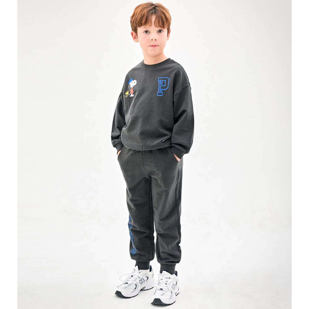 (聯名款)字母P休閒長袖套裝-卡通人物史努比-深灰