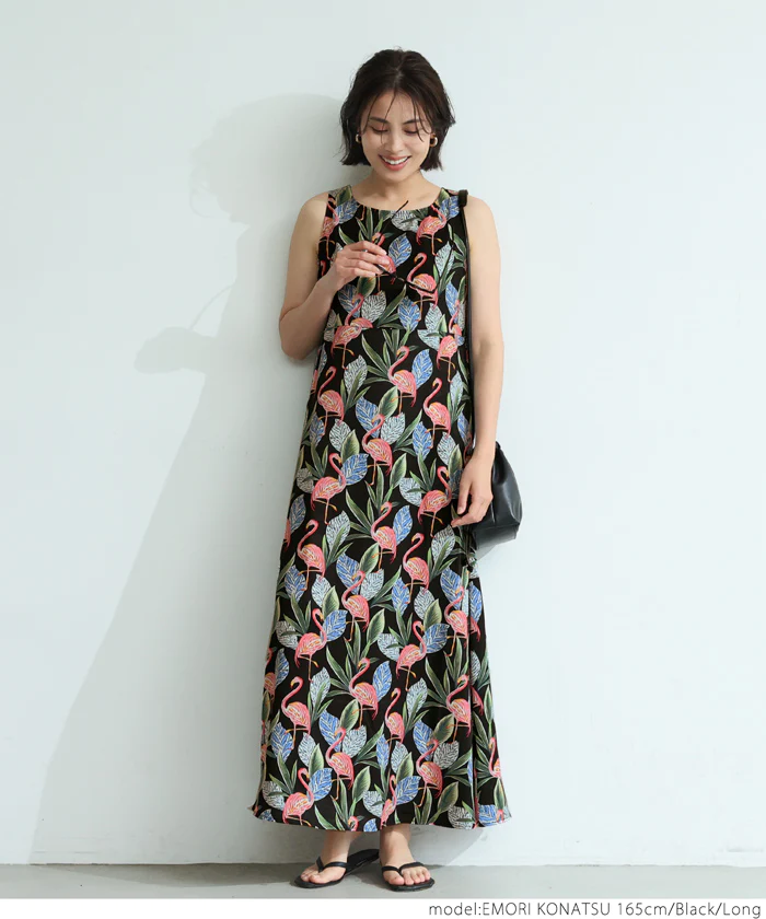 日本 COCA - 熱帶風情印花無袖洋裝-黑