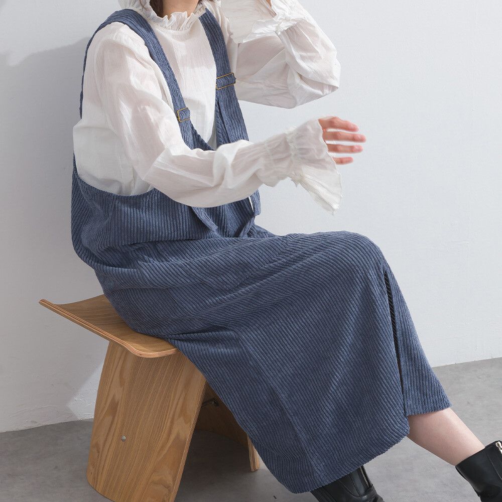 可愛厚實燈芯絨開叉吊帶裙-藍