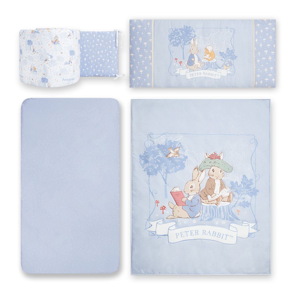 悅讀比得兔中床四件床組/寢具組-M(床頭 床圍 床包 寶寶被 嬰兒寢具 寶寶寢具)-藍色