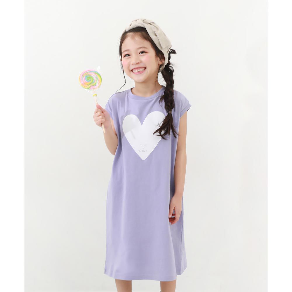 日本 devirock - 女孩印花法式袖休閒洋裝-愛心-紫羅蘭