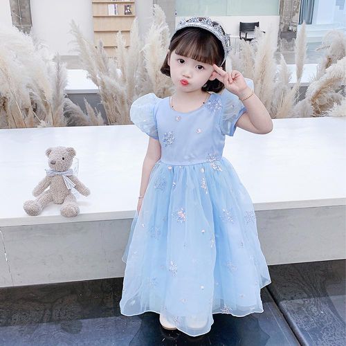小澎袖造型連身公主裙-冰雪藍