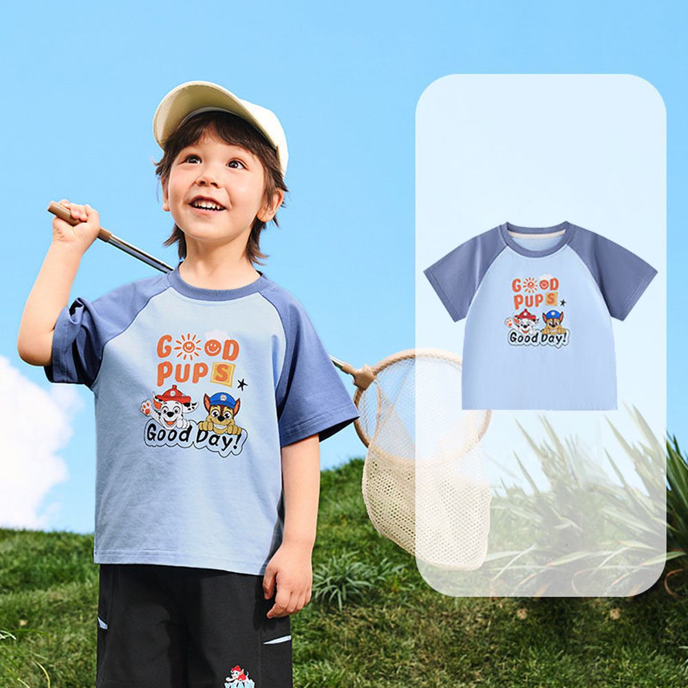 卡通汪汪隊拼袖撞色短袖上衣-灰藍