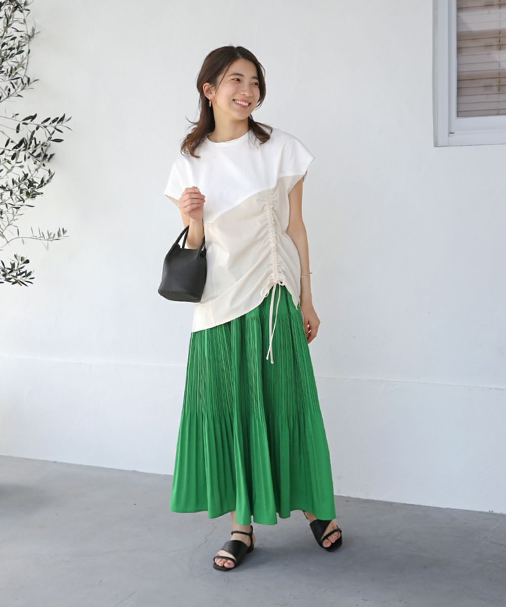 日本 Bab - 撞色拼接抽繩法式袖上衣-白