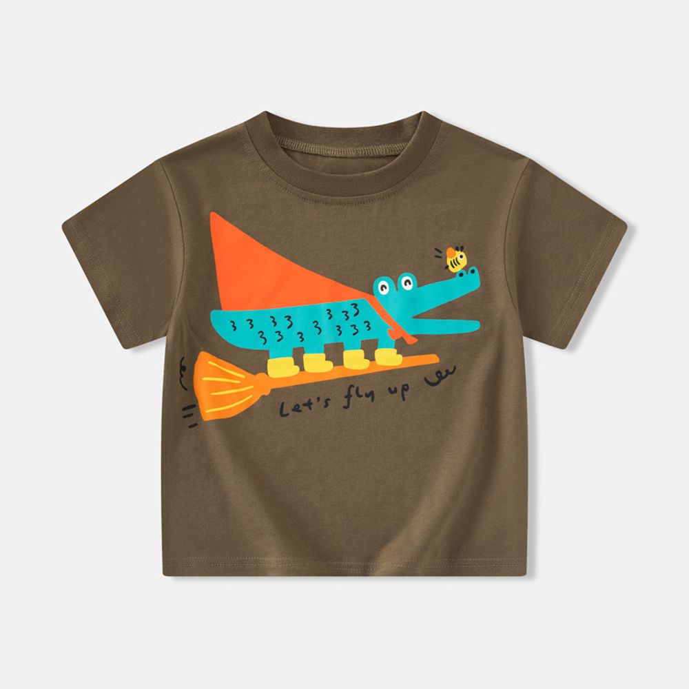 純棉短袖上衣-掃帚小鱷魚-棕咖