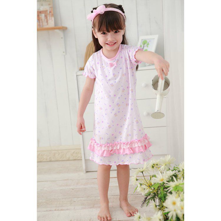 Annypepe - 女童木漿棉熊印花短袖居家睡衣洋裝-紫