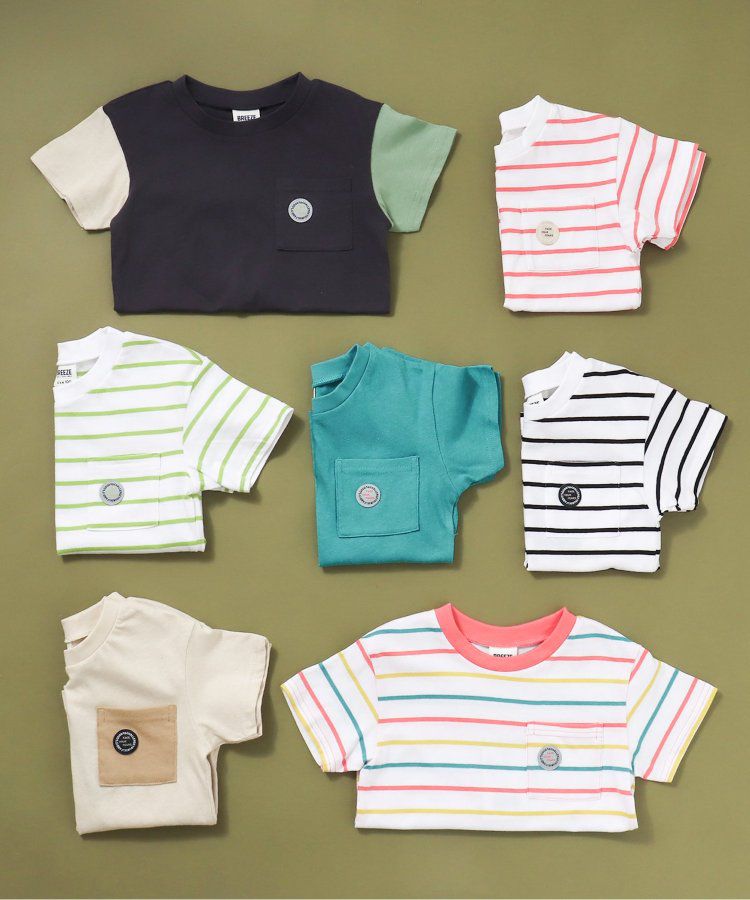 日本 BREEZE - 百搭舒適圓領短袖上衣-條紋-萊姆綠