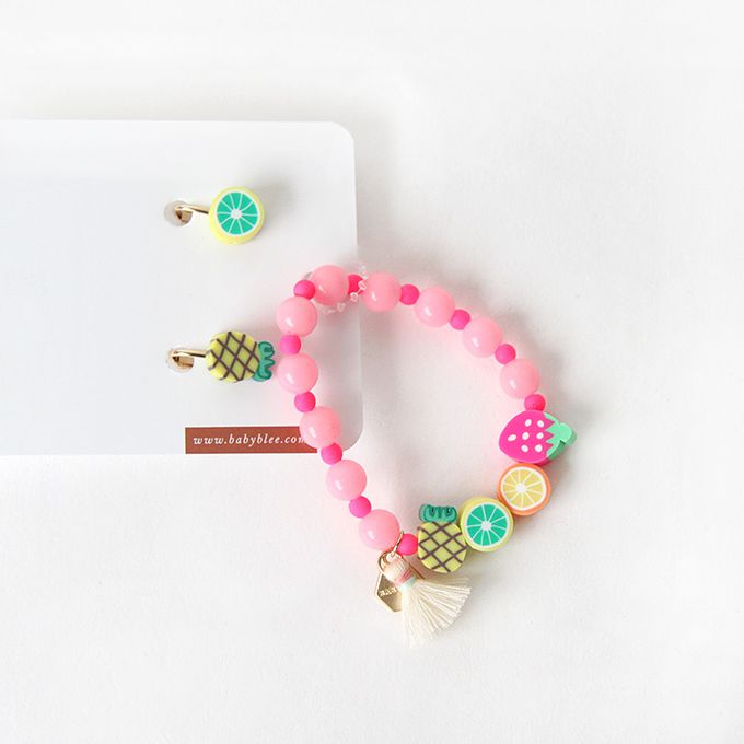 韓國 Babyblee - 水果派對飾品禮物組-草莓X橘子-桃粉-手鏈X1+耳環1對
