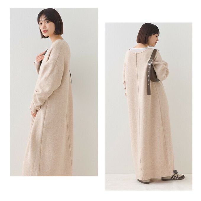 日本 OMNES - V領柔軟針織寬鬆感長袖洋裝-深灰