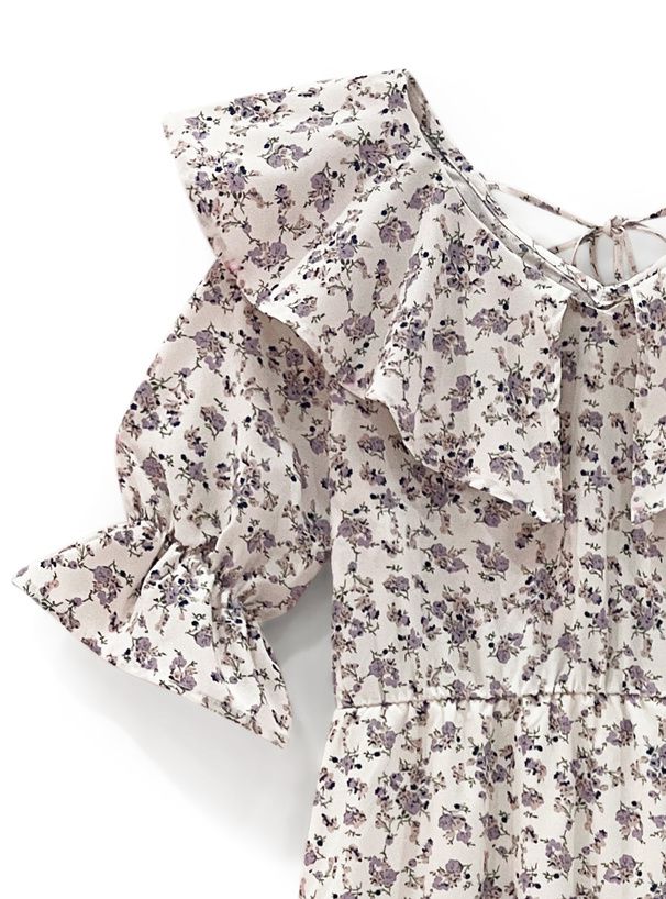 日本 GRL - 浪漫滿屋荷葉袖雪紡碎花洋裝-象牙杏