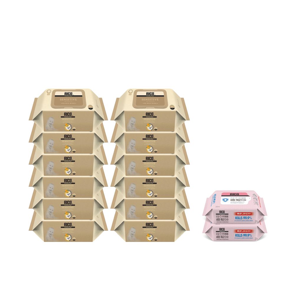 韓國RICO baby - 金盞花有機天然厚款濕紙巾Sensitive 80抽-(12+2包抗菌20抽紙巾 組/箱)