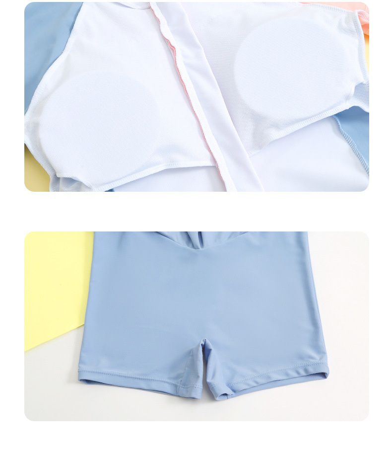 大童女孩運動風短袖連身裙泳衣-拼色款-粉+白+藍