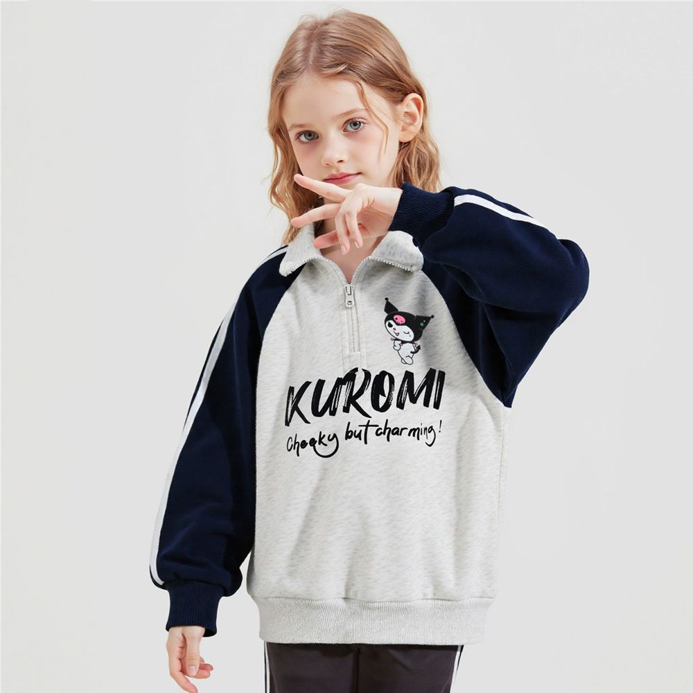 兩穿半開襟立領/翻領長袖上衣-卡通人物酷洛米-拼色灰