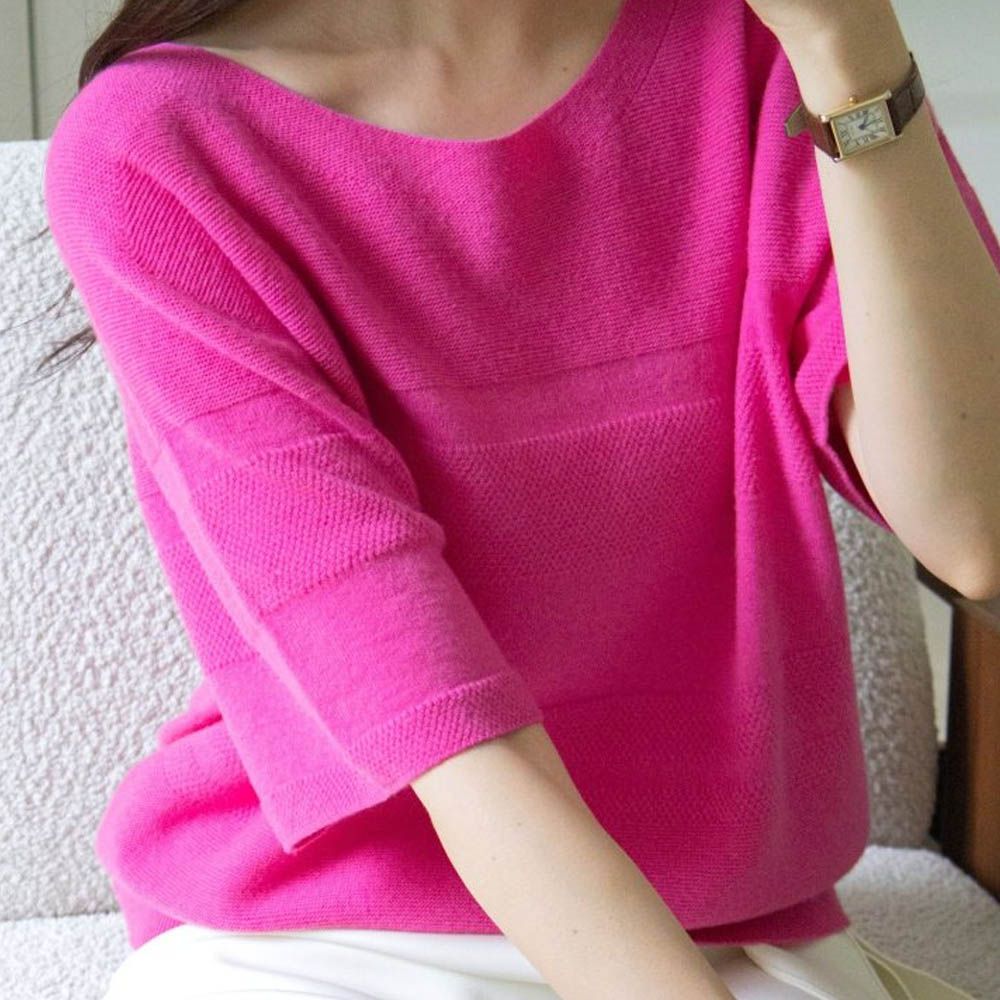 細緻喀什米爾羊毛五分袖無縫針織上衣-桃紅 (FREE)