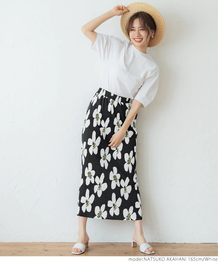 日本 COCA - 熱情花朵細摺長裙-黑底白花