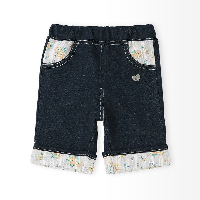 日本 ZOOLAND - 甜美花卉反摺短褲-海軍藍