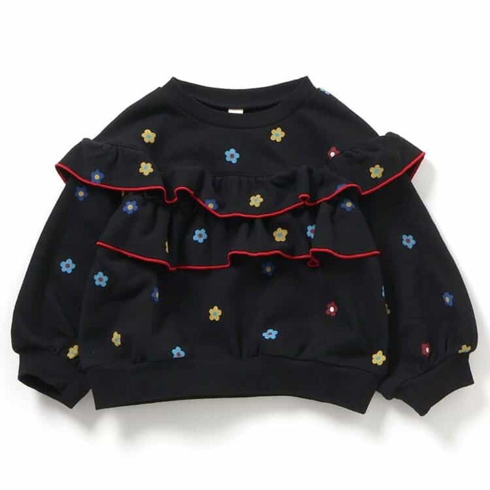 甜美摺邊滿版花朵裏毛長袖上衣-黑