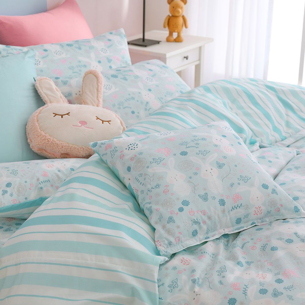 鴻宇 HongYew - 雙人特大床包薄被套組 美國棉授權品牌 300織-眠眠兔-藍