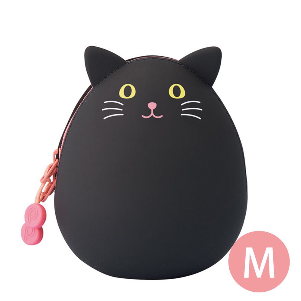 日本文具 LIHIT - 圓筒式胖胖收納包-黑貓 (M(11.7x10x8cm))