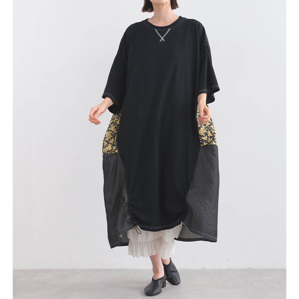 異素材花朵拼布清新五分袖洋裝-黑