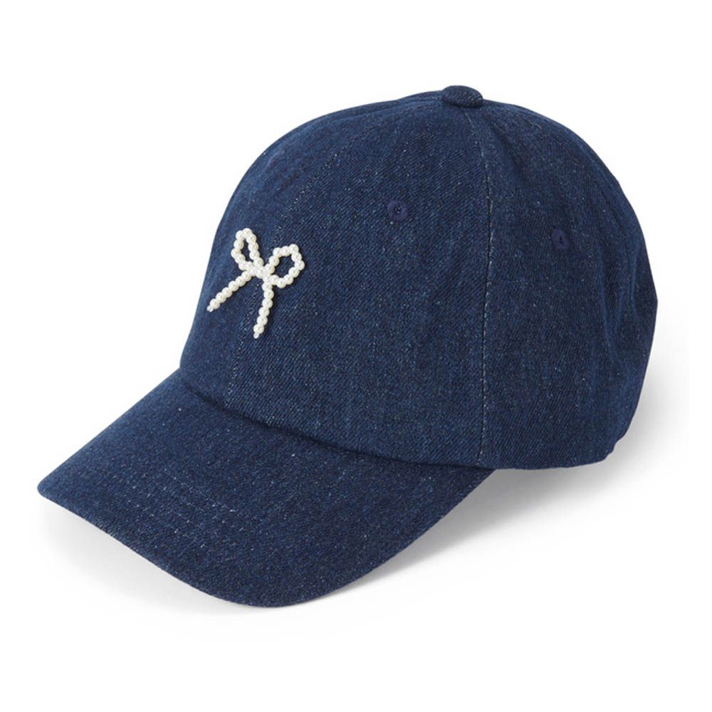 立體珍珠蝴蝶結深帽簷棒球帽-牛仔深藍 (F)