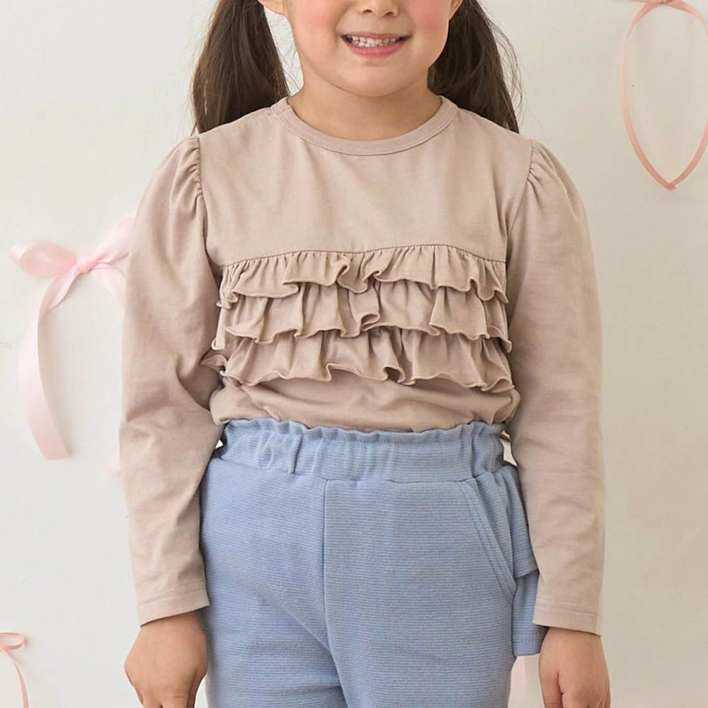 100%棉 前後兩穿荷葉邊長袖上衣-淺棕