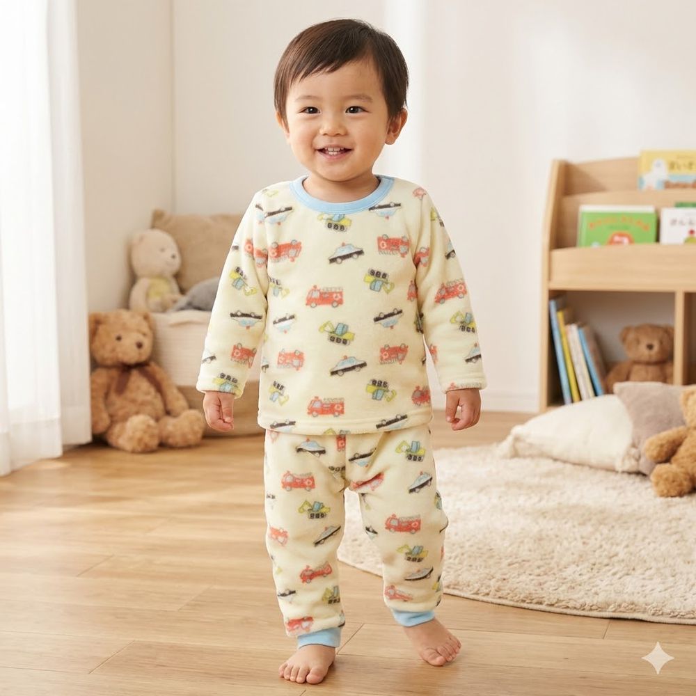 長袖刷毛家居服-車子-象牙白色