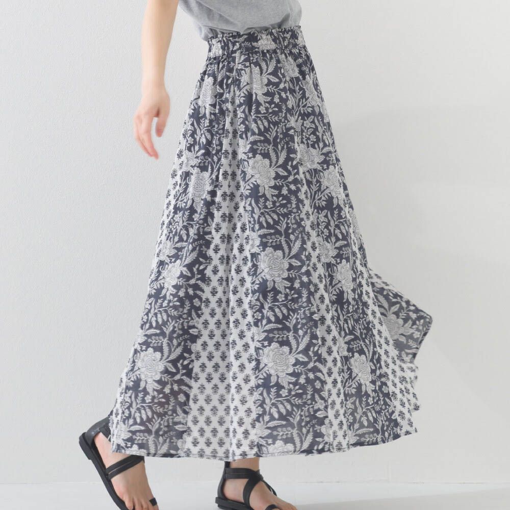 100%印度棉 奢華印花飄逸感長裙-深藍