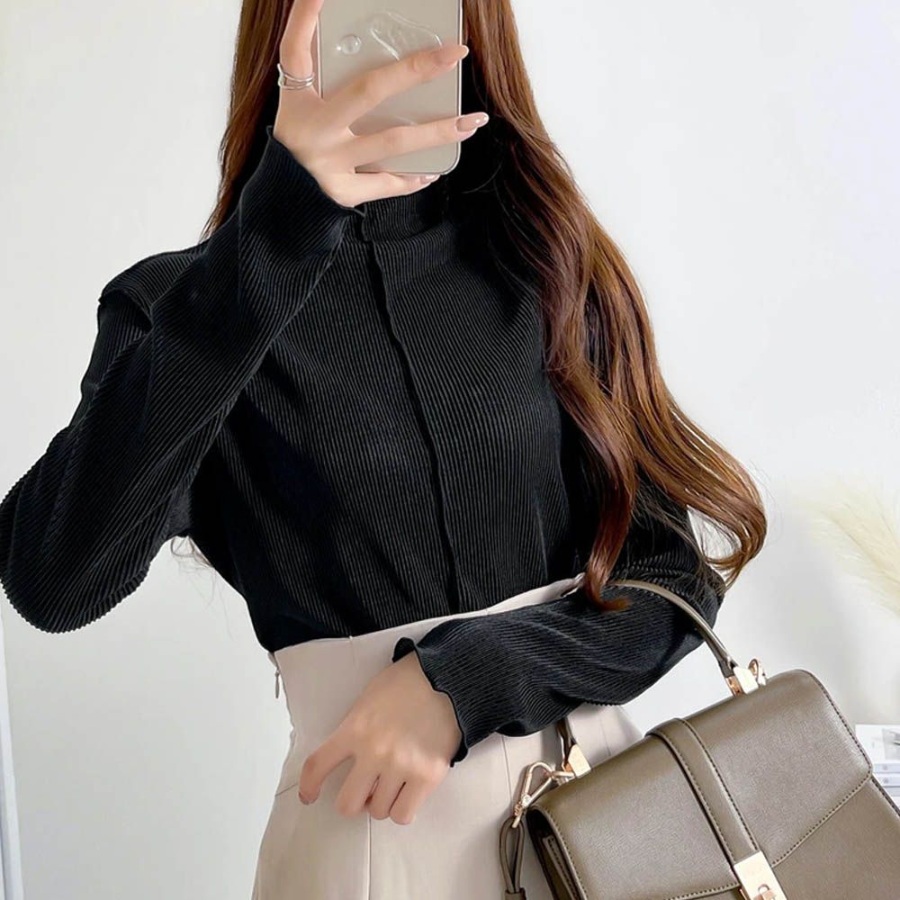 羅紋線條感木耳小高領長袖上衣-經典黑