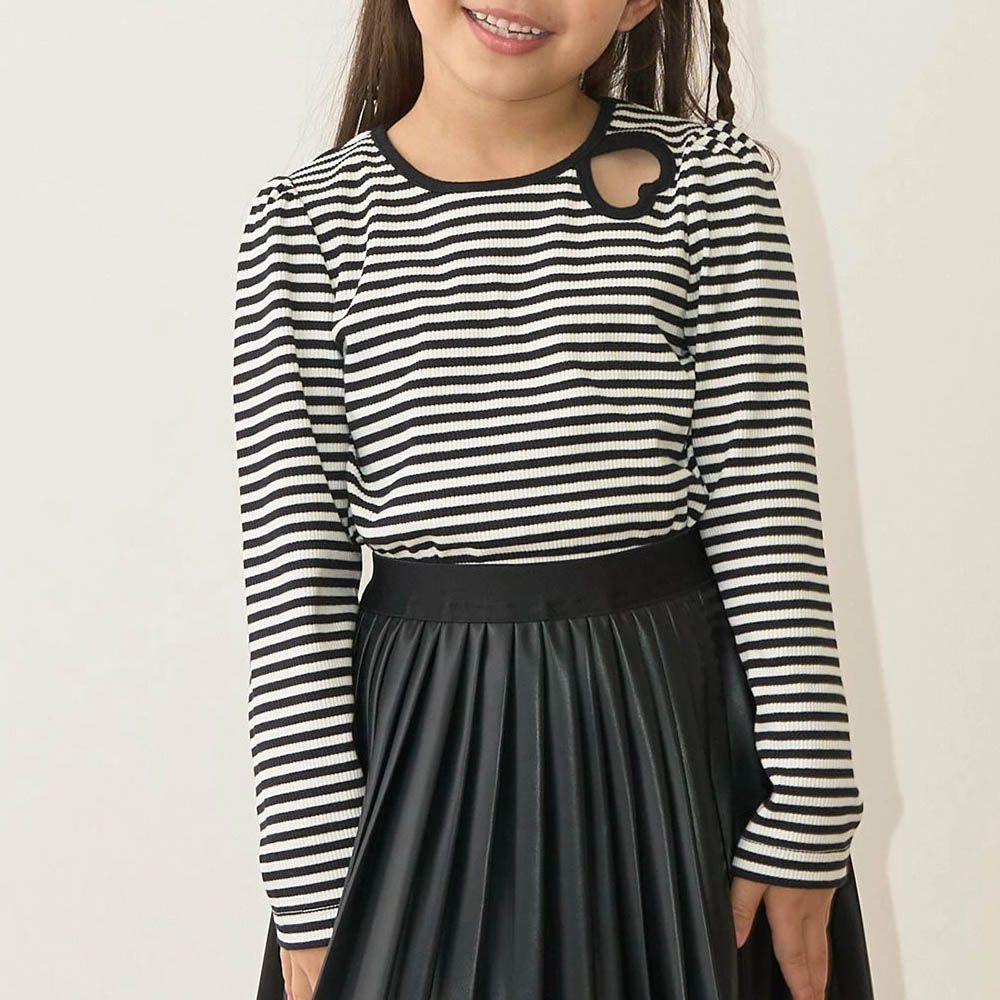 愛心鏤空羅紋長袖上衣-條紋-黑X白