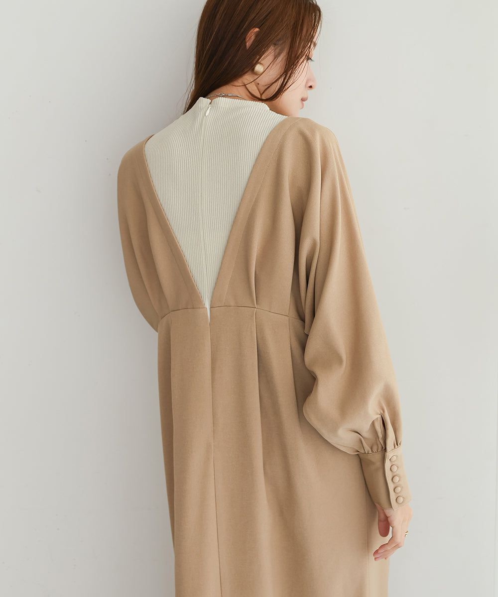 日本 Bab - 大V領拼接唯美歐風長袖洋裝-灰藍