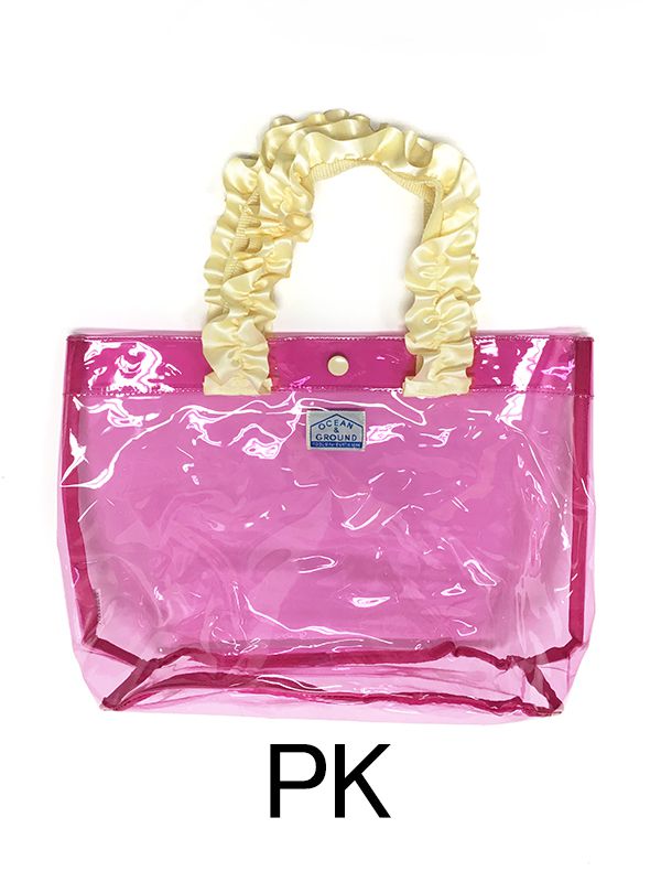 日本 OCEAN&GROUND - 透明PVC防水手提袋-緞帶度假風-灰黑 CH (27x33x20.5cm)